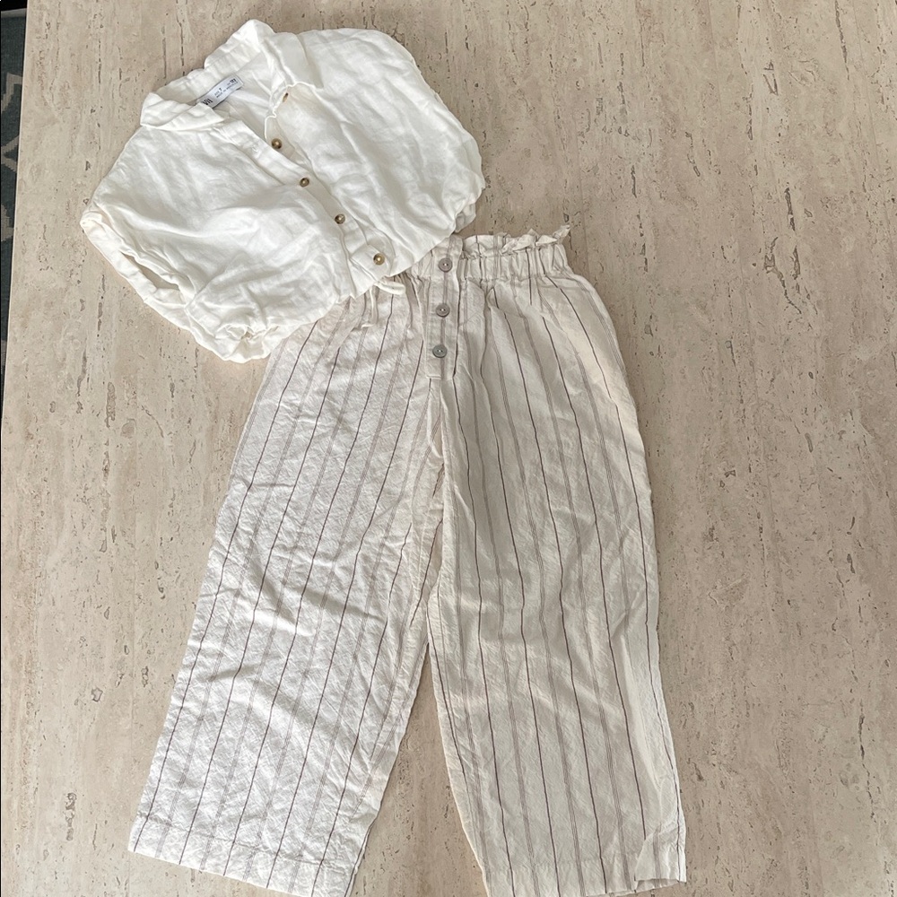 Bundle / lot Zara outfit Cream top and Cream and Brown Striped Pants